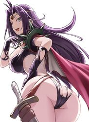  ass black_gloves blue_eyes blush breasts cape circlet commentary_request dagger female gif_artifacts gloves hair_intakes highres jewelry knife large_breasts long_hair looking_back naga_the_serpent open_mouth purple_hair revealing_clothes simple_background slayers smile solo spikes tea_(nakenashi) weapon white_background 