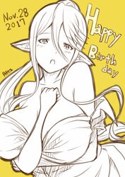  2017 animal_ears bare_shoulders breasts centaur centorea_shianus commentary_request dared english_text female gecotan hair_between_eyes happy_birthday horse_ears huge_breasts long_hair monochrome monster_girl monster_musume_no_iru_nichijou open_mouth pointy_ears ponytail signature simple_background solo taur upper_body yellow_background 