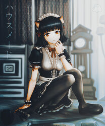  animal_ears black_hair black_pantyhose blunt_bangs bow bowtie cat_ears clock commentary_request critter100 curtains female floor_lamp grandfather_clock hand_on_own_chin indoors looking_at_viewer maid maid_headdress neck_ribbon on_floor orange_eyes original panties panties_under_pantyhose pantyhose pantyshot parted_lips photoshop_(medium) plate puffy_short_sleeves puffy_sleeves red_bow red_bowtie red_ribbon ribbon shoes short_hair short_sleeves single_shoe sitting solo tray underwear unworn_shoes window wooden_floor wrist_cuffs 