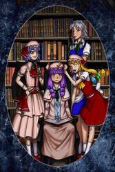  4girls book bookshelf chair commentary english_commentary flandre_scarlet highres izayoi_sakuya library multiple_girls patchouli_knowledge photo_(object) photoshop_(medium) remilia_scarlet scarlet_devil_mansion sitting smile spidu teeth touhou voile 