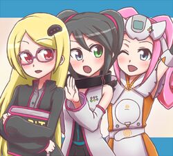  3girls black_hair blonde_hair blue_eyes commentary_request game_console glasses gloves hair_ornament komedaisuki long_hair multiple_girls one_eye_closed open_mouth personification pink_hair red_eyes sega_dreamcast sega_dreamcast_(sega_hard_girls) sega_hard_girls sega_mega_drive sega_mega_drive_(sega_hard_girls) sega_saturn sega_saturn_(sega_hard_girls) twintails 