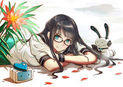  absurdres black_hair blue_eyes breast_press breasts commentary female flower glasses gloves highres iyokamioto long_hair looking_at_viewer lying on_stomach original petals photoshop_(medium) smile solo 