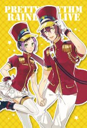  1boy bad_id bad_pixiv_id band_uniform black_hair brown_hair epaulettes female gloves green_eyes guitar hat holding_hands instrument interlocked_fingers ioko marching_band_baton mihama_kouji multicolored_hair pretty_rhythm pretty_rhythm_rainbow_live pretty_series purple_hair shako_cap short_hair suzuno_ito twirl_baton two-tone_hair uniform yellow_eyes 