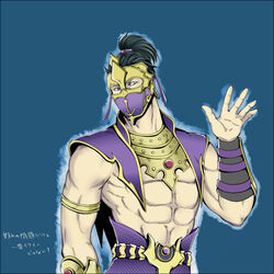  1boy ? abs black_hair blue_background commentary_request male_focus mask mortal_kombat_(series) mortal_kombat_x ponytail purple_eyes rain_(mortal_kombat) shiemasu simple_background solo 