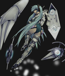  aqua_eyes aqua_hair commentary_request female green_leotard hatsune_miku highres joints leotard long_hair looking_back mechanical_arms mechanical_legs photoshop_(medium) robot_joints science_fiction single_mechanical_arm solo teresa007 very_long_hair vocaloid 