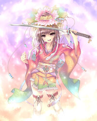  commentary_request female flower frilled_legwear hair_flower hair_ornament highres japanese_clothes kimono original peroshiti_aniki photoshop_(medium) sengoku_taisen solo sword weapon 