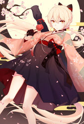  alternate_costume arm_behind_back arm_up artist_name black_gloves blonde_hair bow braid breasts candy_apple cherry_blossoms chinese_commentary chinese_text choker closed_mouth commentary cowboy_shot expressionless female floating_hair floral_print flower food girls&#039;_frontline gloves hair_ribbon hairbow hakama hakama_short_skirt hakama_skirt half_gloves high-waist_skirt highres holding holding_food japanese_clothes long_hair looking_at_viewer meiji_schoolgirl_uniform moon night night_sky official_alternate_costume oisy ots-14_(flurry_of_petals)_(girls&#039;_frontline) ots-14_(girls&#039;_frontline) petals pink_hair red_ribbon ribbon skirt sky small_breasts smile solo standing thighhighs tree very_long_hair weapon weapon_bag weapon_on_back wide_sleeves wind wind_lift yellow_eyes 