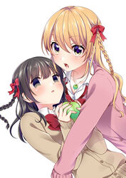  2girls apple blonde_hair blush bow braid brown_cardigan brown_hair cardigan commentary_request empty_eyes food food-themed_necklace fruit hairbow holding holding_food holding_fruit hug ichinose_haruko jewelry long_hair long_sleeves looking_at_viewer multiple_girls necklace nikaidou_natsuko official_art open_mouth pink_cardigan red_bow simple_background sleeves_past_wrists swap_swap tottoto_tomekichi white_background 