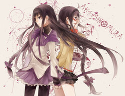  2girls akemi_homura akemi_homura_(magical_girl) asuda bad_id bad_pixiv_id black_hair braid character_name dual_persona gears glasses hairband holding_hands interlocked_fingers long_hair magical_girl mahou_shoujo_madoka_magica mahou_shoujo_madoka_magica_(anime) mitakihara_school_uniform multiple_girls pantyhose purple_eyes red-framed_eyewear school_uniform skirt spoilers tears very_long_hair 