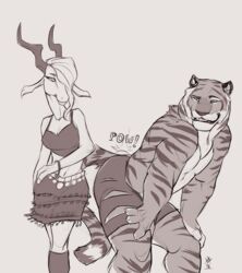  2016 antelope anthro antlers bottomwear bovid claws clothed clothing countershading disney dominant dominant_female duo felid female fur gazelle gazelle_(zootopia) hair hi_res horn male mammal monochrome muscular pantherine predator/prey rrowdybeast shorts signature simple_background skirt smile standing stripes teeth tiger tiger_dancer_(zootopia) topless zootopia zootopia_shorts 