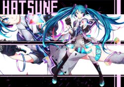  &gt;:) aqua_hair black_gloves blue_eyes commentary_request female gloves half_gloves hatsune_miku headgear highres holding long_hair looking_at_viewer microphone nez_n smile solo twintails v-shaped_eyebrows very_long_hair vocaloid zoom_layer 