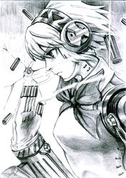  aegis_(persona) android bow commentary_request female finger_cannon joints kokubox monochrome persona persona_3 photoshop_(medium) ribbon robot_joints shell_casing solo 