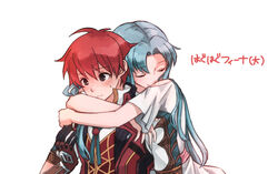  1boy adol_christin bad_id bad_pixiv_id bare_shoulders black_eyes blue_hair blush closed_eyes commentary_request dress embarrassed feena_(ys) female gloves hug hug_from_behind jacket kumakosion leather leather_gloves long_hair looking_down neck_ribbon red_hair ribbon short_hair smile sweatdrop upper_body wavy_mouth white_background ys ys_viii_lacrimosa_of_dana 