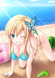  all_fours beach bikini blonde_hair blue_bikini blue_eyes boku_wa_tomodachi_ga_sukunai breasts bug butterfly butterfly_hair_ornament commentary_request day female food fruit grin hair_ornament halterneck highres innertube kashiwazaki_sena long_hair one_eye_closed shimashima_salmon side-tie_bikini_bottom smile solo string_bikini swim_ring swimsuit water_gun watermelon 