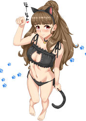  animal_ears barefoot bell blush breasts brown_hair cat_cutout cat_ear_panties cat_ears cat_lingerie cat_tail cleavage_cutout clothing_cutout commentary_request densuke_(iha-syuon) feet female full_body groin highres idolmaster idolmaster_cinderella_girls jingle_bell kamiya_nao large_breasts long_hair looking_at_viewer meme_attire navel panties paw_pose red_eyes side-tie_panties simple_background solo tail thick_eyebrows toes underwear white_background wide_hips 