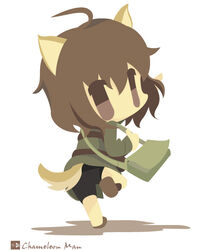  ahoge animal_ears artist_name bad_id bad_pixiv_id bag bike_shorts chameleon_man_(three) chibi dog_ears dog_girl dog_tail female flat_color from_behind inufusa_yuno jacket leg_up long_sleeves looking_back military military_uniform no_lineart shadow short_hair simple_background solo standing standing_on_one_leg tail uniform white_background world_witches_series 