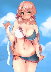  adapted_costume akashi_(kancolle) bad_id bad_tumblr_id bikini blush breasts cleavage cloud day female fingernails front-tie_top green_eyes hair_ribbon headband holding kantai_collection large_breasts long_hair md5_mismatch outdoors pink_hair ribbon sacha sky smile solo standing swimsuit untied 