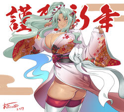  2017 ass breasts cleavage commentary_request cowboy_shot daniella_(sennen_sensou_aigis) dark-skinned_female dark_skin dated female high_ponytail huge_breasts japanese_clothes kimono light_green_hair long_hair long_sleeves looking_at_viewer new_year obi obiage obidome obijime obui one_eye_closed ponytail red_eyes sash sennen_sensou_aigis skindentation smile solo standing thick_thighs thighhighs thighs translated twisted_torso wide_sleeves 