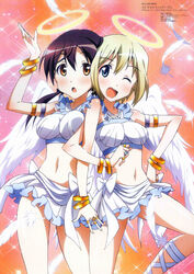  2girls :o ;d angel angel_wings ankle_lace-up armlet blonde_hair blue_eyes bracelet breasts brown_eyes cosplay cross-laced_footwear erica_hartmann feathered_wings feathers frills gertrud_barkhorn halo halterneck highres jewelry mc_axis medium_breasts multiple_girls navel official_art one_eye_closed onoda_masahito open_mouth ring short_hair smile strike_witches wings world_witches_series 