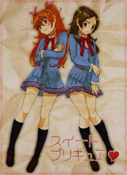  2girls angry aria_gakuen_school_uniform bad_id bad_pixiv_id black_socks blue_shirt brown_hair copyright_name crossed_arms half_updo houjou_hibiki jinpachi_(jinpachi-pachi) long_hair minamino_kanade multiple_girls orange_hair precure ribbon school_uniform shirt skirt socks suite_precure two_side_up 