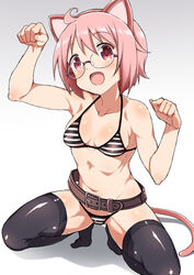  animal_ears arm_up bad_id bad_pixiv_id belt bikini black_thighhighs blush breasts brown_belt cat_ears cat_tail collarbone fake_animal_ears female glasses gradient_background hand_up kounosu_satori looking_at_viewer navel no_shoes nonohara_yuzuko open_mouth paw_pose pink_eyes pink_hair rimless_eyewear shadow short_hair simple_background small_breasts solo squatting string_bikini striped_bikini striped_clothes swimsuit tail thighhighs yuyushiki 