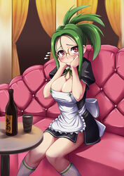  apron blush bottle breasts cleavage commentary_request coupe50 covered_nipples dream_c_club dream_c_club_(series) female glasses green_hair large_breasts mio_(dream_c_club) ponytail red_eyes sitting solo table tears waitress white_legwear 