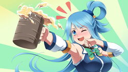  ;d alcohol aqua_(konosuba) armpits bare_shoulders beer blue_eyes blue_hair blush breasts commentary_request detached_sleeves drink female hair_rings highres khnchak kono_subarashii_sekai_ni_shukufuku_wo! large_breasts long_hair one_eye_closed open_mouth single_hair_ring smile solo upper_body very_long_hair wiping_face 