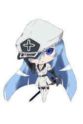  akame_ga_kill! aqua_hair blue_eyes blue_hair blush boots breasts chibi cleavage esdeath esdese female hat highres long_hair medium_breasts military military_uniform peaked_cap skirt snow solo standing sword thigh_boots thighhighs thighs uniform very_long_hair weapon white_legwear 