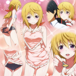  1boy apron apron_lift back blonde_hair blush buruma charlotte_dunois clothes_lift cropped duplicate female food hair_ribbon infinite_stratos jewelry jpeg_artifacts kanna_asuke long_hair looking_back necklace open_mouth orimura_ichika ponytail purple_eyes ribbon short_shorts shorts smile spoon strapless teeth tube_top 