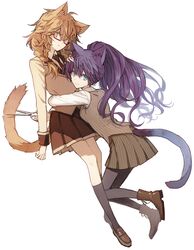  2girls akuma_no_riddle animal_ears annoyed braid brown_eyes brown_hair cat_ears cat_tail commentary_request dog_ears dog_tail duplicate glasses green_eyes hand_on_another&#039;s_head hug kemonomimi_mode kenmochi_shiena long_hair minakata_sunao multiple_girls necktie official_art pantyhose pixel-perfect_duplicate ponytail purple_hair red-framed_eyewear school_uniform scissors skirt smile tail takechi_otoya yuri 