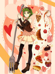  bad_id bad_pixiv_id bow cake commentary_request croissant cup detached_sleeves female food fork green_eyes green_hair gumi hairbow heart highres oversized_object pastry short_hair skirt smile solo tea thighhighs tomoyami vocaloid zettai_ryouiki 