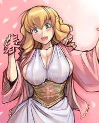  aged_up blonde_hair blush breasts cleavage cosplay female green_eyes haru-chan haru-chan_(cosplay) hinaichigo large_breasts nhk_(broadcaster) open_mouth rozen_maiden sideboob smile solo tsuda_nanafushi 