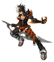  1boy artist_request belt black_gloves black_hair black_pants black_shirt claws cross cross_necklace elsword full_body gloves highres holding holding_sword holding_weapon jewelry looking_at_viewer male_focus mechanical_arms multicolored_hair necklace official_art orange_eyes pants raven_cronwell reckless_fist_(elsword) reverse_grip scar shirt shoes single_mechanical_arm solo spiked_hair sword transparent_background two-tone_hair weapon white_hair 