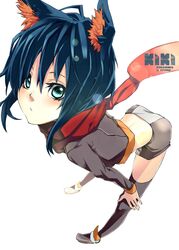  animal_ears bad_id bad_pixiv_id black_hair blue_hair borrowed_character cat_ears female foreshortening green_eyes highres kiki_(koba) original red_scarf scarf short_hair short_shorts shorts simple_background solo thighhighs usui_ryuu white_background 