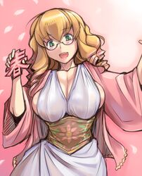  aged_up bespectacled blonde_hair blush breasts cleavage cosplay female glasses green_eyes haru-chan haru-chan_(cosplay) hinaichigo large_breasts nhk_(broadcaster) open_mouth rozen_maiden sideboob smile solo tsuda_nanafushi 