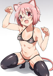  animal_ears arm_up bad_id bad_pixiv_id bikini black_thighhighs blush breasts cat_ears cat_tail collarbone fake_animal_ears female glasses gradient_background hand_up kounosu_satori looking_at_viewer navel no_shoes nonohara_yuzuko open_mouth paw_pose pink_eyes pink_hair rimless_eyewear shadow short_hair simple_background small_breasts solo squatting string_bikini striped_bikini striped_clothes swimsuit tail thighhighs yuyushiki 