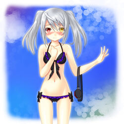  bikini black_bikini blush commentary_request eyepatch female grey_hair heterochromia highres infinite_stratos laura_bodewig navel photoshop_(medium) setona_(daice) solo swimsuit twintails unworn_eyepatch 