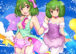  blush breasts brown_eyes choker commentary_request drill_hair e10 female garter_straps green_hair kneeling legs macross macross_frontier macross_frontier:_sayonara_no_tsubasa medium_breasts midriff necktie no_bra photoshop_(medium) pink_garter_straps ranka_lee short_shorts shorts small_breasts smile thighhighs white_legwear wrist_cuffs 