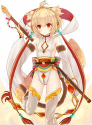  ahoge andira_(granblue_fantasy) barefoot blonde_hair cleavage_cutout clothing_cutout cloud commentary_request detached_sleeves earrings erune feet female flying_nimbus granblue_fantasy highres isao_(wasamoti) jewelry leg_lift leg_up monkey_tail red_eyes revision sash short_hair simple_background solo staff tail toes white_background white_legwear wide_sleeves 