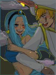  1boy aladdin aladdin_(character) aladdin_(character)_(cosplay) aladdin_(cosplay) aladdin_(disney) arabian_clothes blonde_hair blue_hair cloud disney duo earrings female jewelry midriff mr_9 nefertari_vivi night night_sky one_piece princess princess_jasmine_(cosplay) sky turban wink 