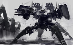  armor armored_core armored_core_5 commentary_request fighting_stance gatling_gun grey_background gun machinery mecha mozuo no_humans photoshop_(medium) robot silhouette simple_background weapon 