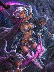  1boy 2girls armor axe bad_id bad_pixiv_id belt bikini_armor black_legwear boots burunuu_(bullnukko) cape dark-skinned_female dark_elf dark_skin dual_wielding ear_piercing earrings elf facial_mark feathers forehead_mark forest gloves holding jewelry knife multiple_girls nature pauldrons piercing pointy_ears ponytail shingoku_no_valhalla_gate short_hair shoulder_armor tattoo thigh_boots thighhighs weapon white_gloves white_hair white_legwear yellow_eyes 