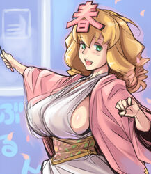  aged_up blonde_hair blush breasts cosplay female green_eyes haru-chan haru-chan_(cosplay) hinaichigo large_breasts nhk_(broadcaster) open_mouth rozen_maiden sideboob smile solo tsuda_nanafushi 