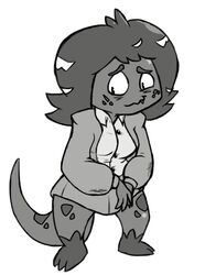  2017 anthro belinda_(scalie_schoolie) bottomwear breasts clothing female furgonomics greyscale hair lizard monochrome non-mammal_breasts phrynosomatid reptile scalie scalie_schoolie skirt smile solo spiny_lizard tail tail_through_skirt western_fence_lizard wwwjam 