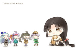  5girls 601_air_group_pilot_(kancolle) ahoge bad_id bad_pixiv_id black_hair blue_hair brown_eyes chibi egusa_squadron_pilot_(kancolle) fairy_(kancolle) hat headband hinata_yuu hugging_own_legs kantai_collection long_hair multiple_girls pleated_skirt ponytail purple_hair shouhou_(kancolle) sitting size_difference skirt suisei_(kancolle) very_long_hair 