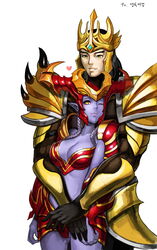  1boy ah-lyong_lee armor bad_id bad_pixiv_id black_hair blush braid breasts cleavage colored_skin fake_horns female heart helmet highres horned_helmet horns hug hug_from_behind jarvan_iv_(league_of_legends) large_breasts league_of_legends long_hair midriff one_eye_closed photoshop_(medium) pointy_ears purple_hair purple_skin shyvana slit_pupils straight twin_braids yellow_eyes 