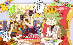  2boys bad_id bad_pixiv_id birthday birthday_cake cake camcorder confetti crown food ghetsis_(pokemon) green_hair hat morinaga777 multiple_boys n_(pokemon) party pokemon pokemon_(creature) pokemon_bw team_plasma team_plasma_grunt team_plasma_uniform tympole video_camera 