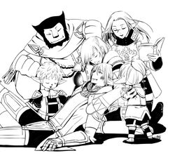  3boys 3girls adventurer_(ff11) book bruise casting_spell commentary_request elf elvaan final_fantasy final_fantasy_xi galka greyscale hug hume injury kneeling magic monochrome multiple_boys multiple_girls paladin_(final_fantasy) pointy_ears red_mage_(final_fantasy) scar smile takatsuki_kahiro tarutaru 