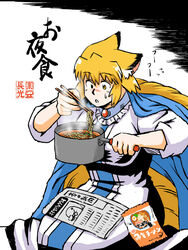  animal_ears azuki_osamitsu blonde_hair blowing blush chopsticks commentary_request female food fox_ears fox_tail highres instant_ramen multiple_tails newspaper noodles open_mouth pack_noodles pot sapporo_ichiban solo sweat tabard tail touhou yakumo_ran yellow_eyes 