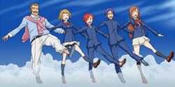  2girls 3boys bike_shorts blazer blue_hair brown_hair cloud commentary_request dancing day gakuran glasses gundam gundam_build_fighters gundam_build_fighters_try gundam_g_no_reconguista highres hoshino_fumina jacket kamiki_mirai kamiki_sekai kick_line kousaka_yuuma multiple_boys multiple_girls parody ral-san red_hair school_uniform sjw_kazuya sky sweater_around_neck 